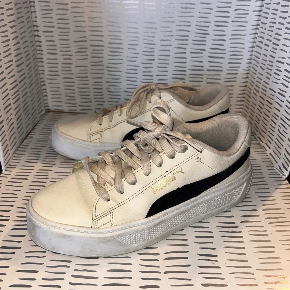 Puma Smash‎ 3.0 V3 Platform Sneakers Womens 8.5 Alpine Snow Black Gold Skate
